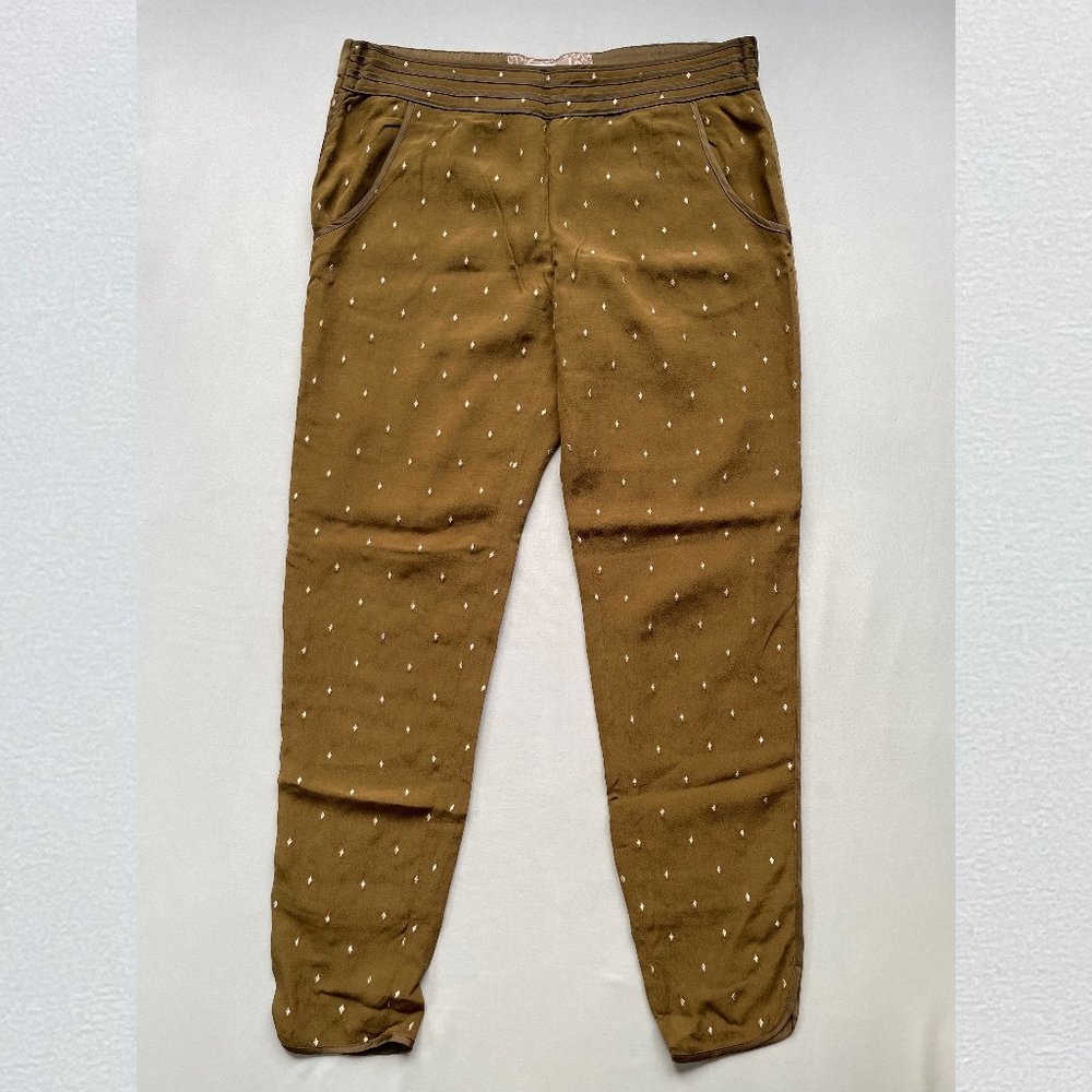 Anthropologie Elevenses Olive Gold Diamond Trousers